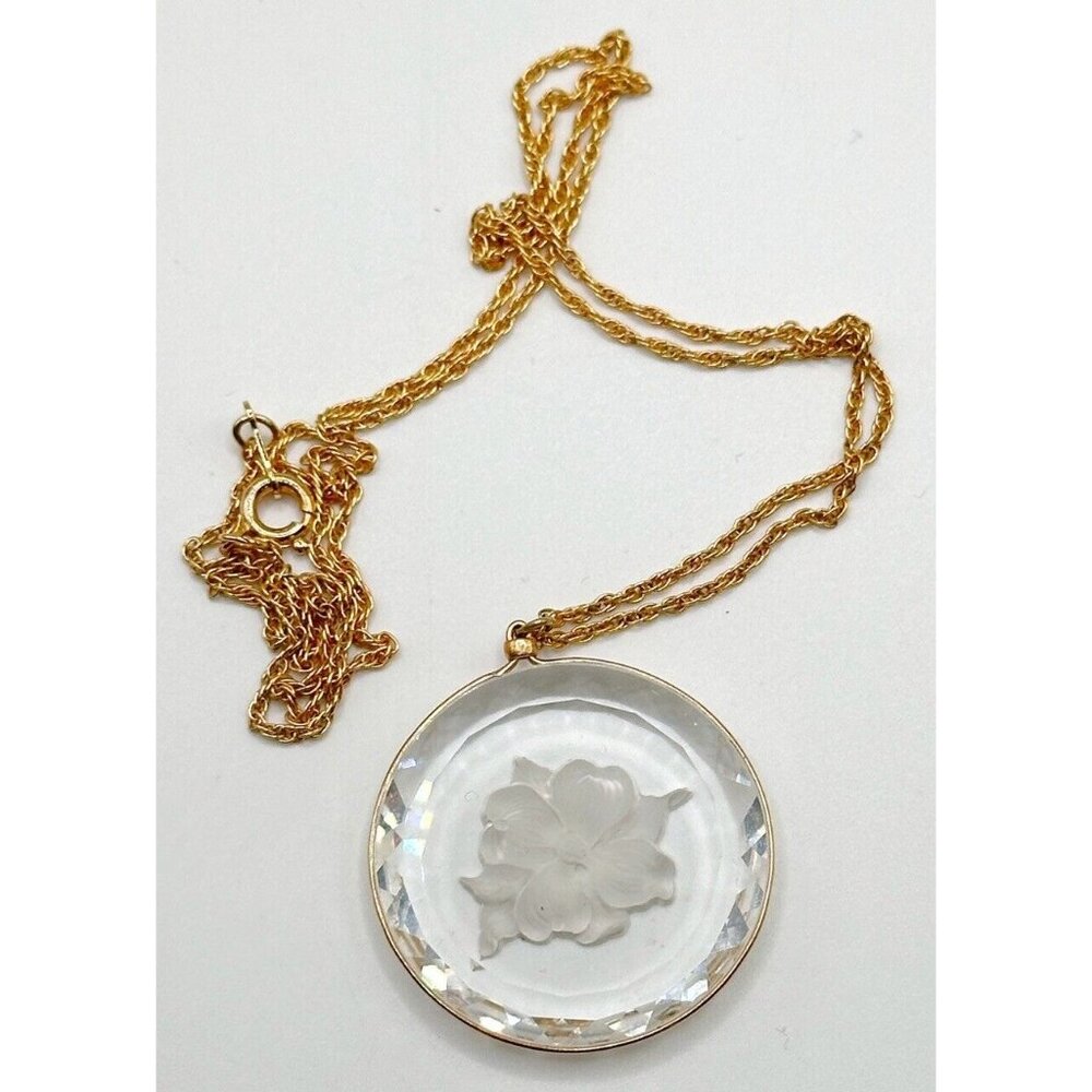 Vintage Hallmark MmEtched Crystal Flower‎ Pendant Necklace